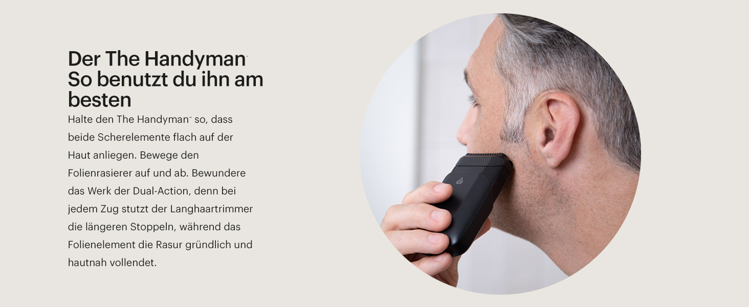The Handyman™ by MANSCAPED®: Travel Shaver, Lightweight Rechargeable Electric Shaver with USB-C Charging Cable for On-the-Go, Washable, with Long Hair Trimmer and Foil Shaver Head.