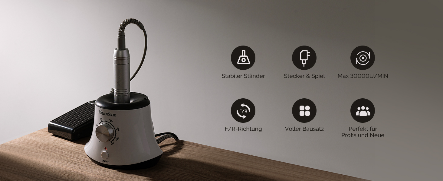 Електричний фрезер для нігтів MelodySusie 30000 об/хв: професійний набір для манікюру та педикюру з педалем, для гелю та акрилу, білий