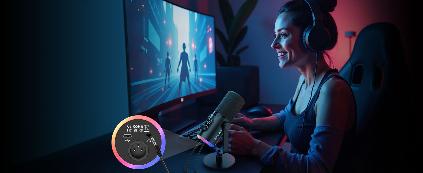 USB/XLR мікрофон для геймінгу та запису FDUCE з RGB-підсвічуванням, регулятором посилення та кріпленням на підставці (D30)