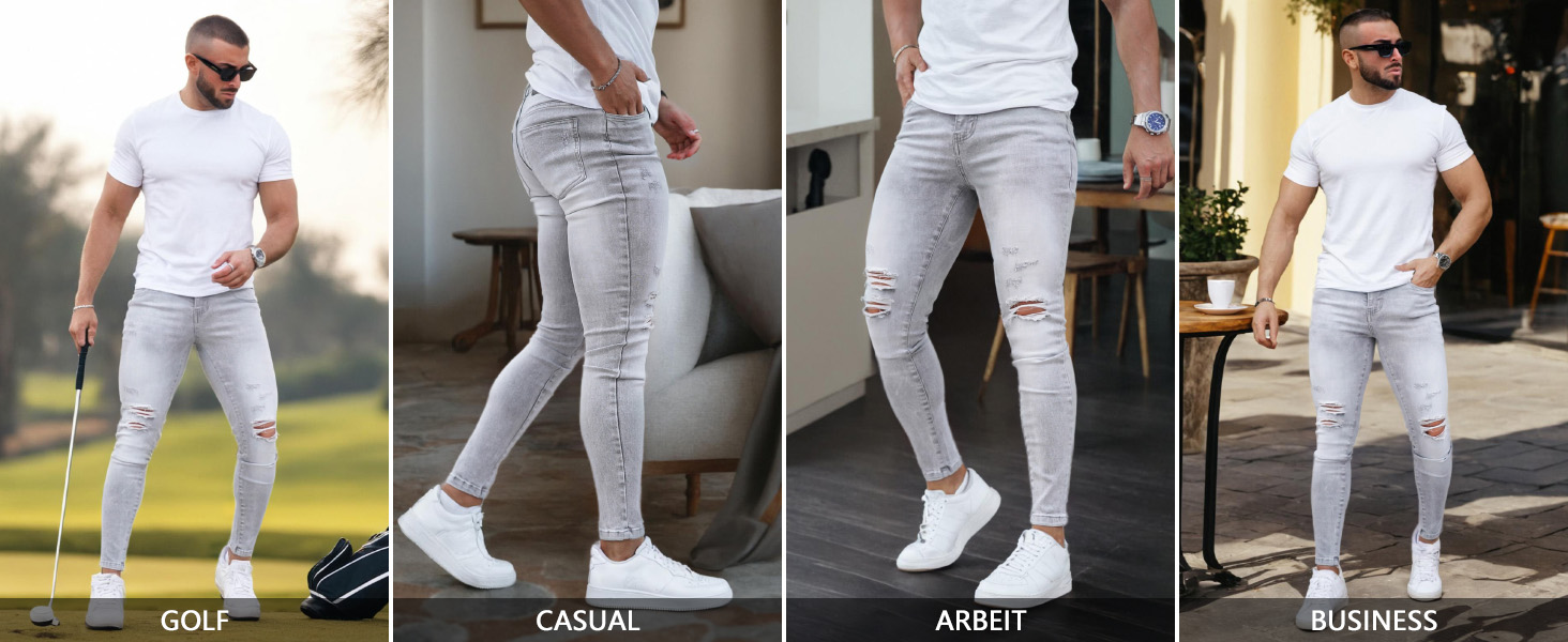 Чоловічі рвані джинси GINGTTO Skinny Stretch Slim Fit світло-сірі (34W/30L)