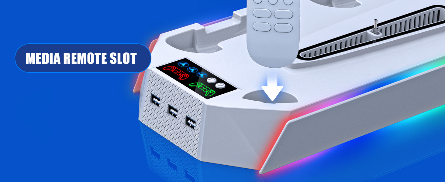 Підставка для PS5 Slim/Pro з зарядною станцією для контролера, RGB підсвічуванням, вентилятором, тримачем для навушників та USB хабом (чорний/білий)