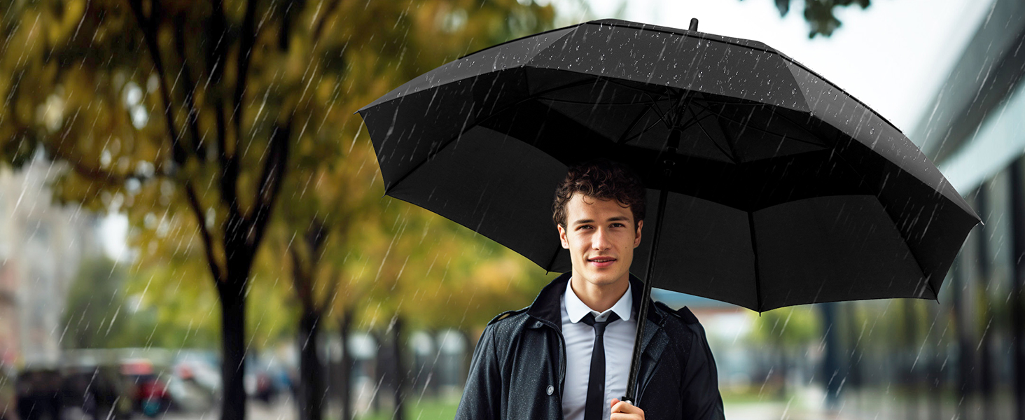 TECKNET Парасолька велика XXL, гольф-парасолька 173 см, штормостійка з подвійною конструкцією, вентильована, з ручкою EVA, для жінок та чоловіків (глибокий чорний, 163 см)