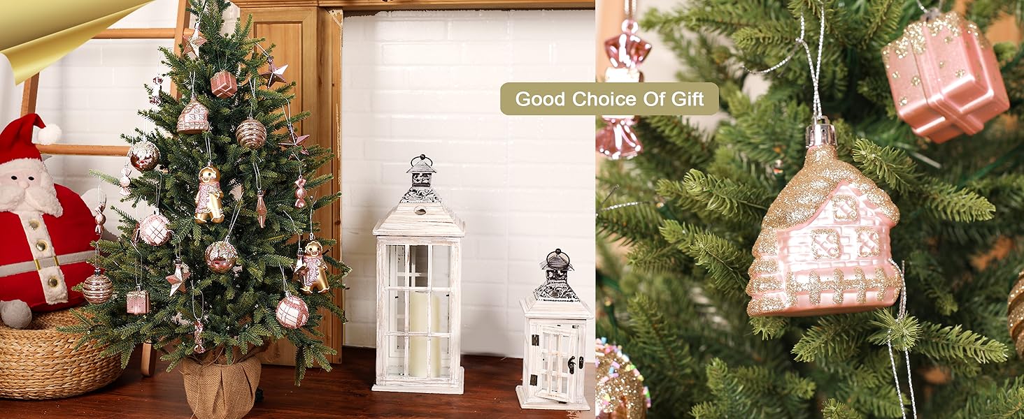 Набір прикрас на ялинку Shareconn 65 шт. - пластикові ялинкові кулі, міцні, з мотузкою, різні розміри та кольори (червоний, білий, рожевий, золотий)