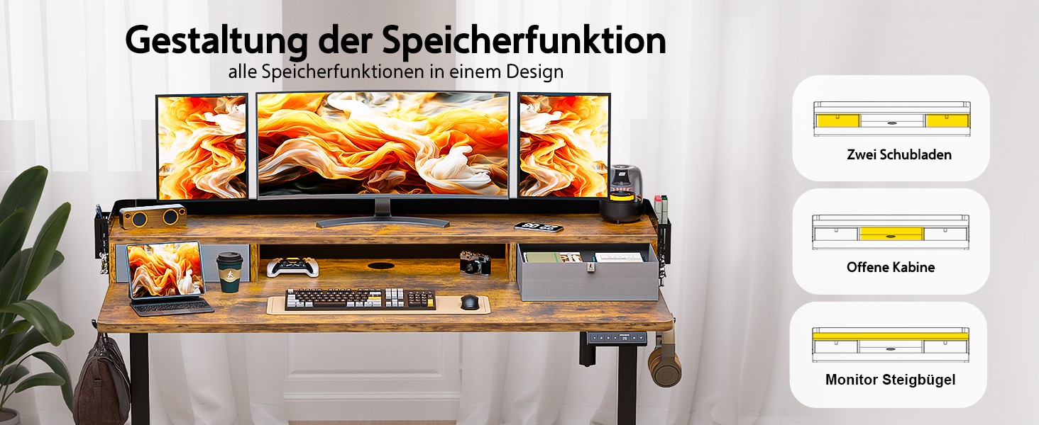 Electric Standing Desk with Drawers - 120x60cm Adjustable Height Desk for Home Office & DIY Pegboard