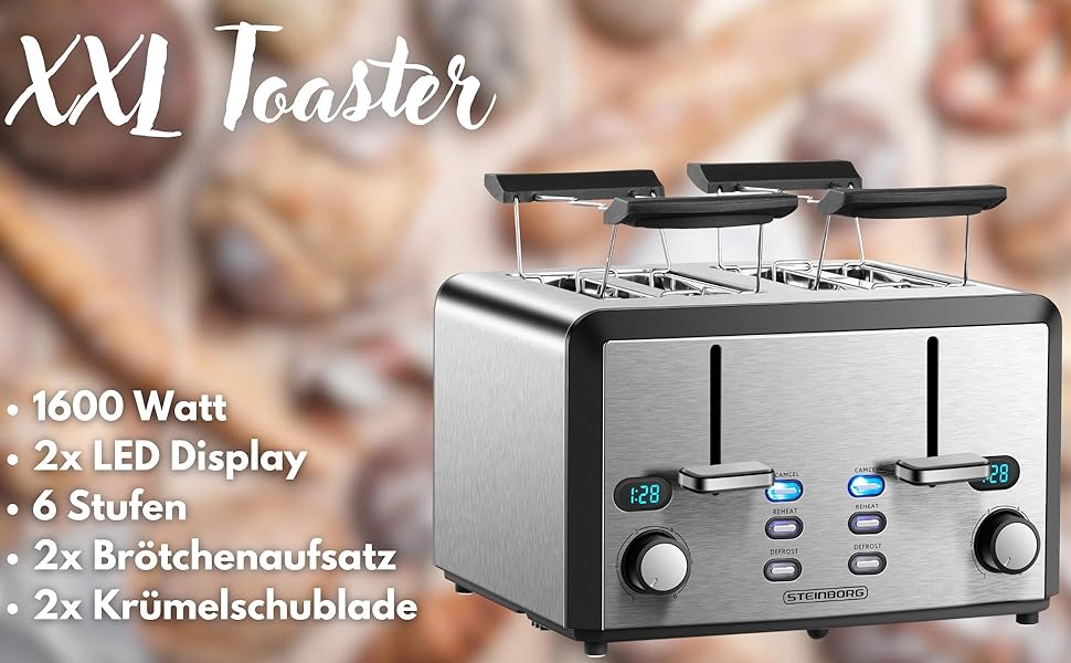 Тостер XXL з 4-ма слотами | Тостер автоматичний, 1600 Вт | Регулятор 6-ти рівнів, підставка для бургерів, функція розморожування, з нержавіючої сталі, LED дисплей