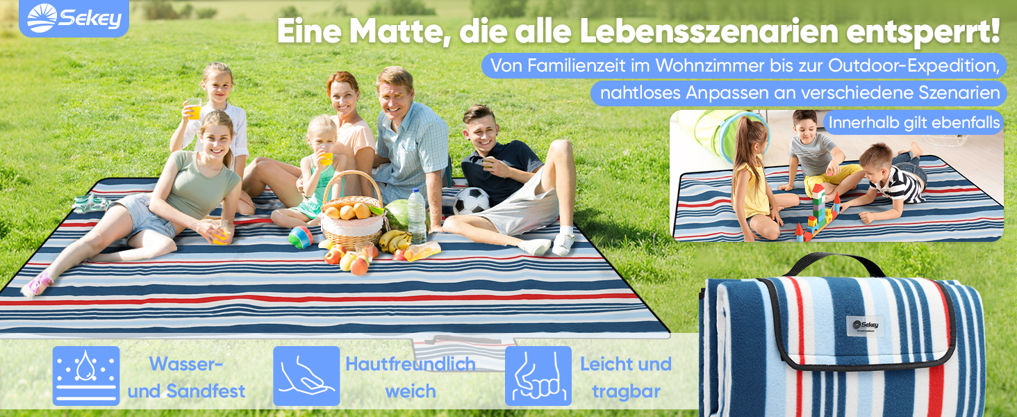 Килимок для пікніка Sekey 200x200 см, вологостійкий, пісконепроникний, для пляжу та кемпінгу, блакитно-білий у смужку