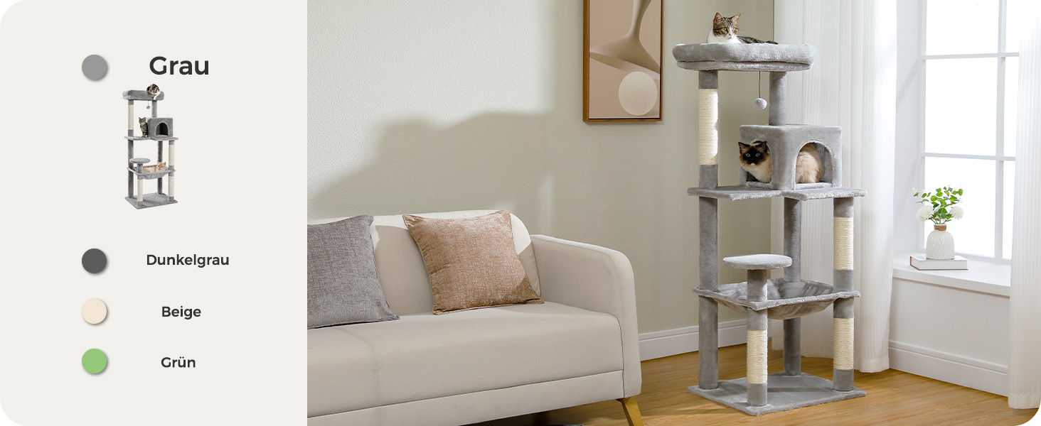 Комплекс для котів PAWZ Road з гамаком, будиночком та когтеточками, сірий, 143 см