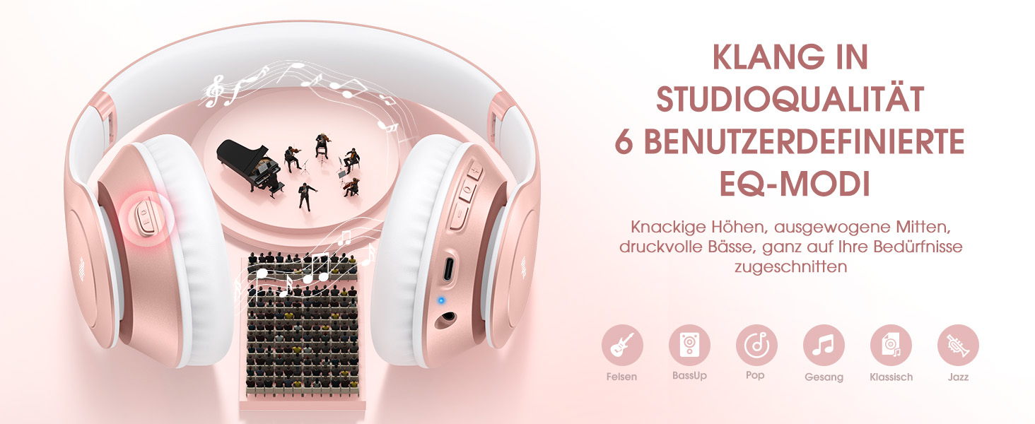 Бездротові навушники Uliptz Over-Ear Bluetooth з 65 годинами роботи, 6 EQ-режимів, HiFi стерео, складні, для подорожей/офісу/телефону/ПК (Рожеве золото)