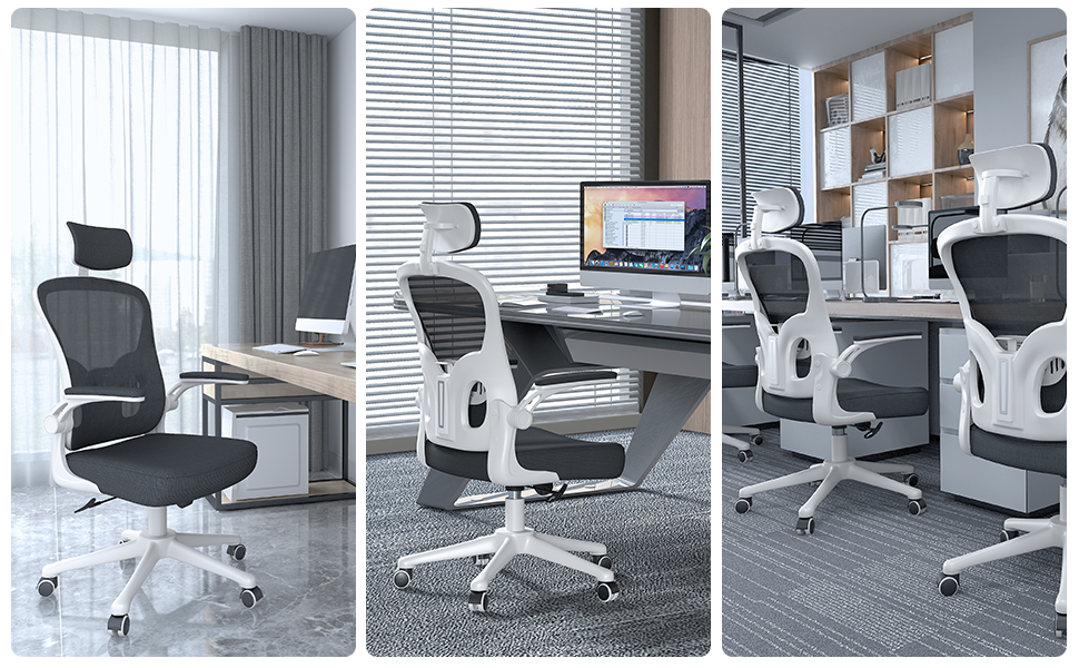 Офісний стілець Naspiro з регульованими підлокітниками, ергономічний, з сітчастою спинкою, підтримкою попереку, регулюванням висоти, м'яким сидінням, поворотний на 360°, (білий, з підголівником)