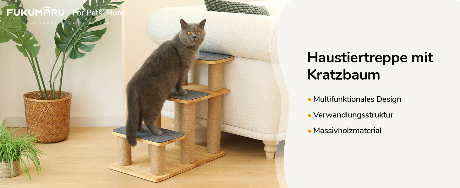 Сходинки для собак FUKUMARU, 3 сходинки, з натурального дерева та джуту, регульована висота 18-51 см, вантажопідйомність до 90 кг, знімний м'який килимок, 6 варіантів комбінації кольорів, підходить для котів та собак