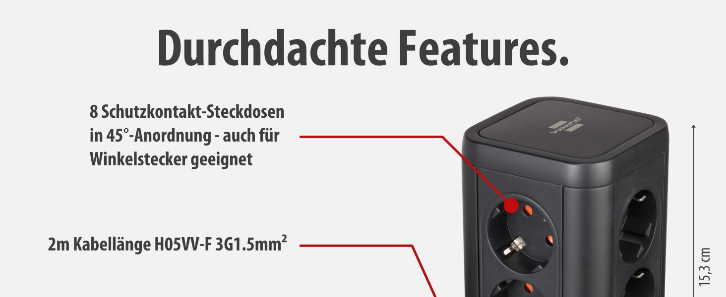 Стеждова тумба Brennenstuhl 8 розеток з USB та USB-C, 2м кабель, чорний колір
