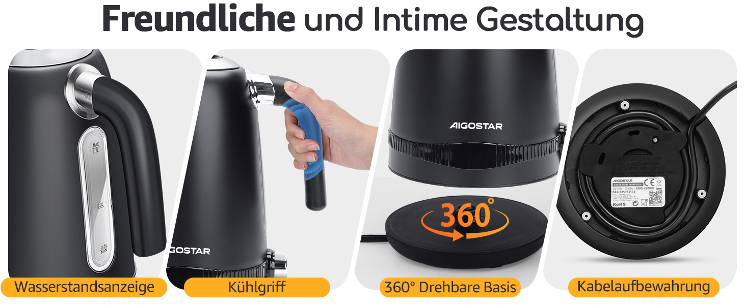 Електричний чайник Aigostar з регулюванням температури 1,7 л, ретро-дизайн, чорний матовий, цифровий дисплей, функція підтримання тепла, без пластику всередині, BPA-free