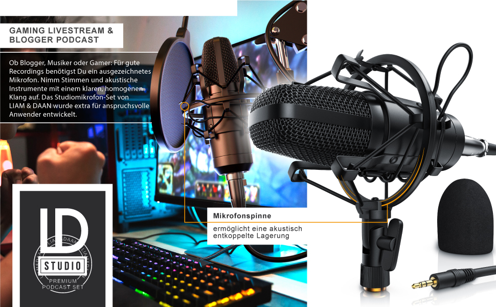 Конденсаторний мікрофон CSL з кріпленням XLR - Комплект для студії, запису вокалу, подкастів, стрімінгу та геймінгу, велика мембрана, 3.5mm jack, XLR кабель