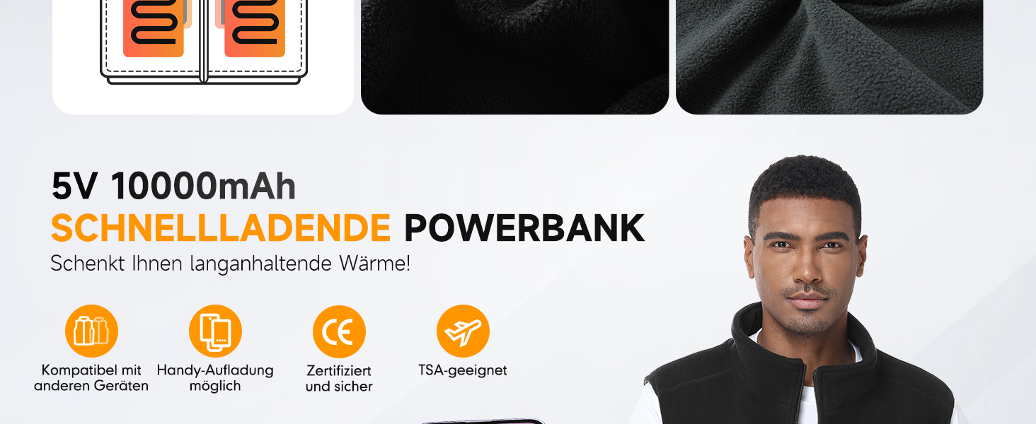 Обогріваючий жилет/куртка з підключенням до Powerbank, Microfleece, 6 зон нагріву, 3 режими температури, для жінок та чоловіків, чорний