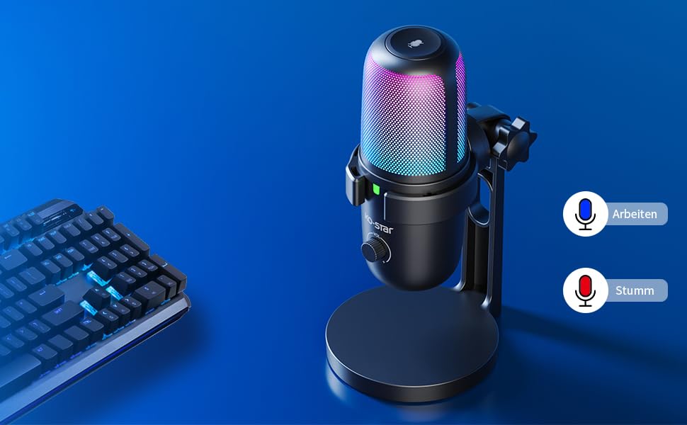 KO-Star USB мікрофон з RGB підсвіткою для ПК та смартфона – конденсаторний мікрофон зі штильником, регулятором підсилення, поп-фільтром та антивібраційним кріпленням для стрімінгу, подкастів та запису