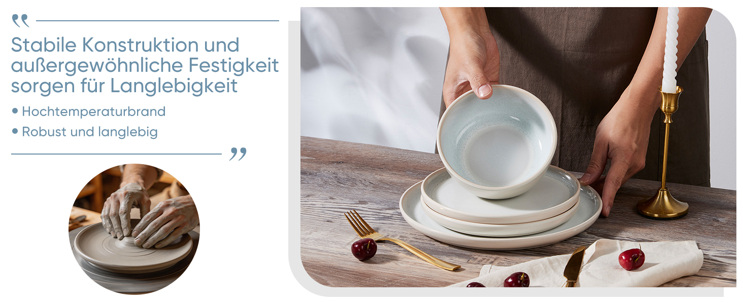 Набір посуду HaWare на 6 осіб, 18 предметів: тарілки, десертні тарілки, миски, бежевий колір. Підходить для мікрохвильової печі та посудомийної машини.