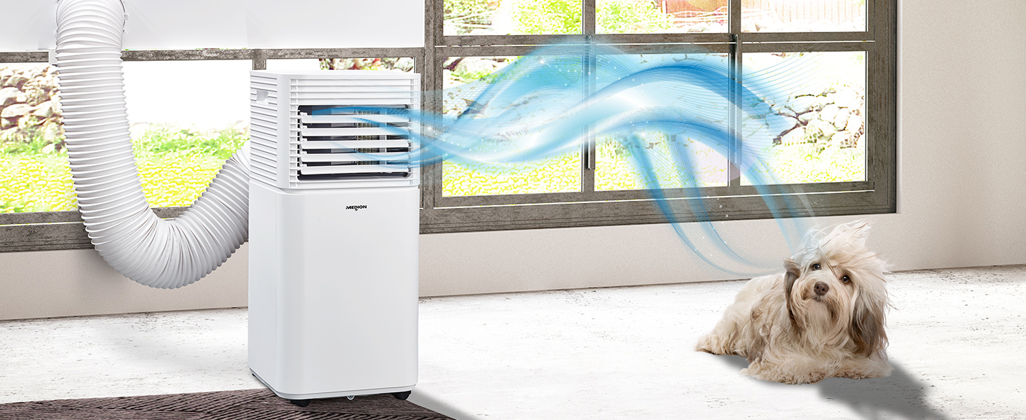 Мобільний кондиціонер MEDION E701 (7000 BTU) з випускним шлангом, для приміщень до 25м², 3-в-1 (охолодження, осушення, вентиляція), з пультом дистанційного керування та режимом сну, MD 37730