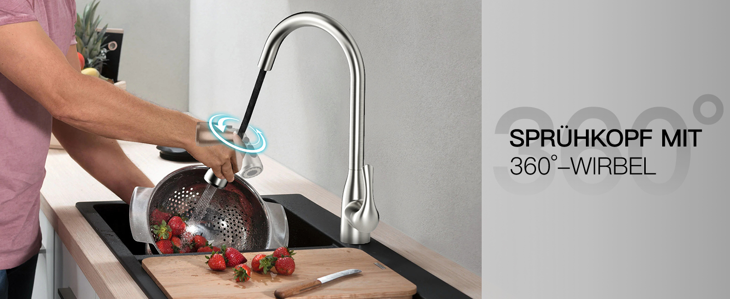 Кухонний змішувач Rainsworth з висувною лійкою та душем, високопродуктивний, з двома типами струменя, поворотний на 360°, з нержавіючої сталі, проста установка, висота 56 см