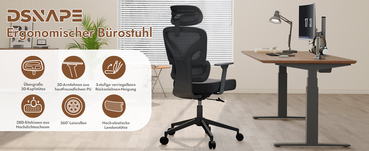 Ергономічне крісло для офісу та геймінгу з регульованою підголівником та 3D підлокітниками, підтримкою попереку, чорне