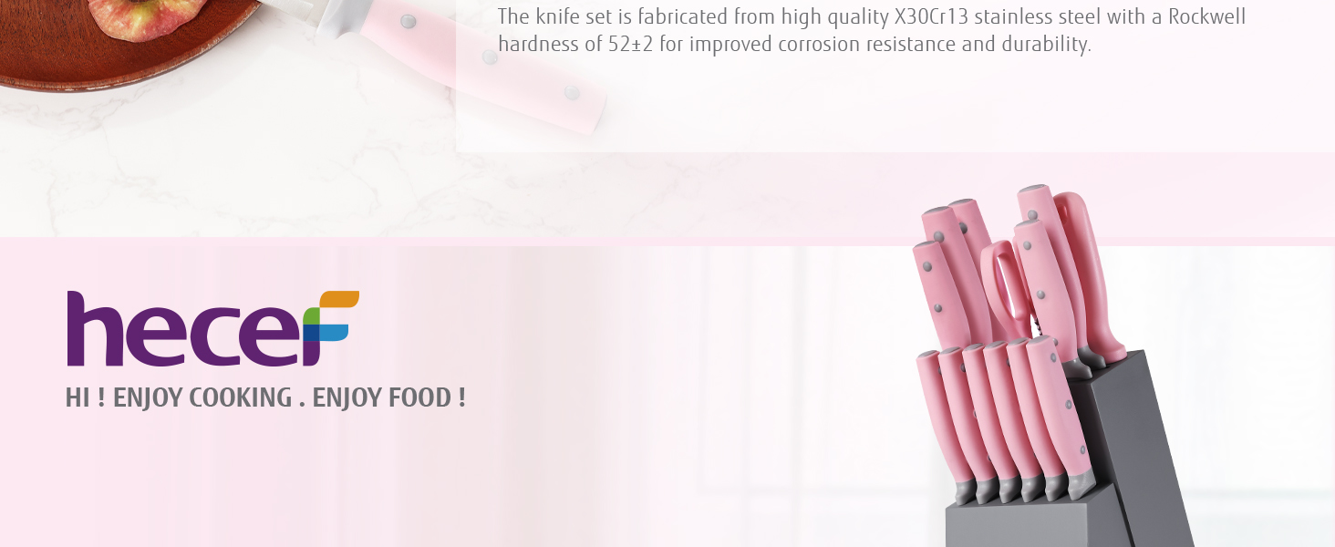 Набір ножів Hecef 14 предметів з дерев'яним блоком, професійний набір кухонних ножів з нержавіючої сталі, з ножицями/ножем для стейку/точильним інструментом (рожевий)