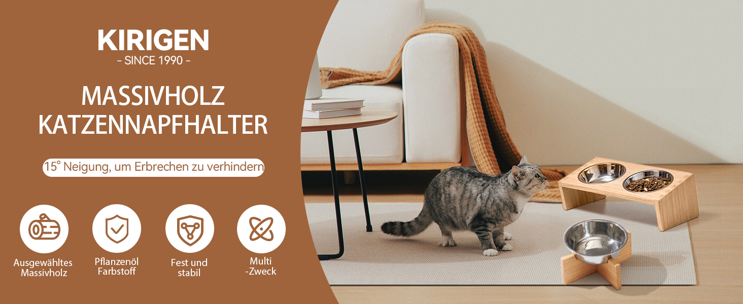 Підвищені годівниці для котів та собак KIRIGEN - дерев'яна станція для годування з 3 знімними мисками з нержавіючої сталі, годівниця для котів та дрібних тварин, натуральний колір