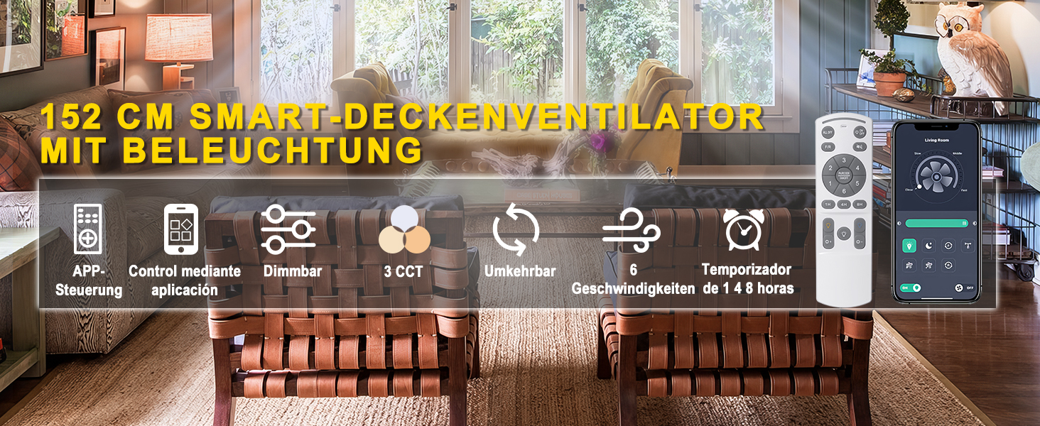 Deckenventilator Ohniyou з підсвіткою, пультом та додатком, 152.4 см (60 дюймів), регульована яскравість, DC-двигун, великий вентилятор для тераси, вітальні, чорний