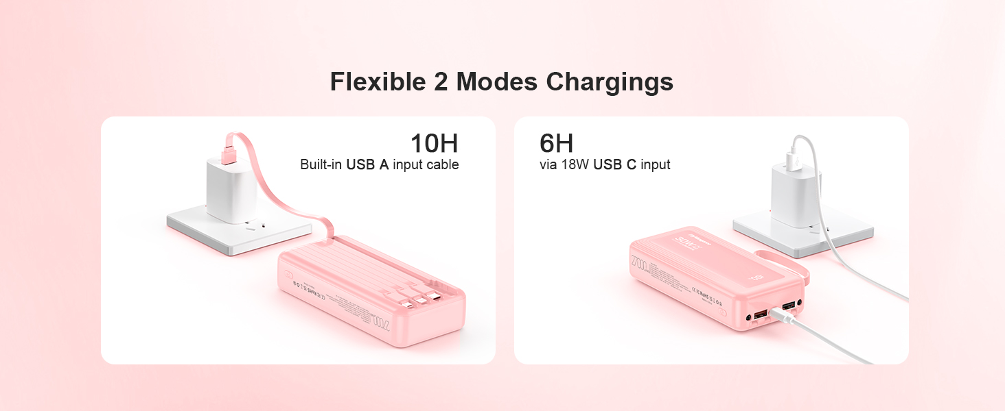 Повербанк 27000mAh з 4 вбудованими кабелями, 30W Power Bank USB-C швидка зарядка з LED-дисплеєм для iPhone, Samsung, iPad та Android, рожевий