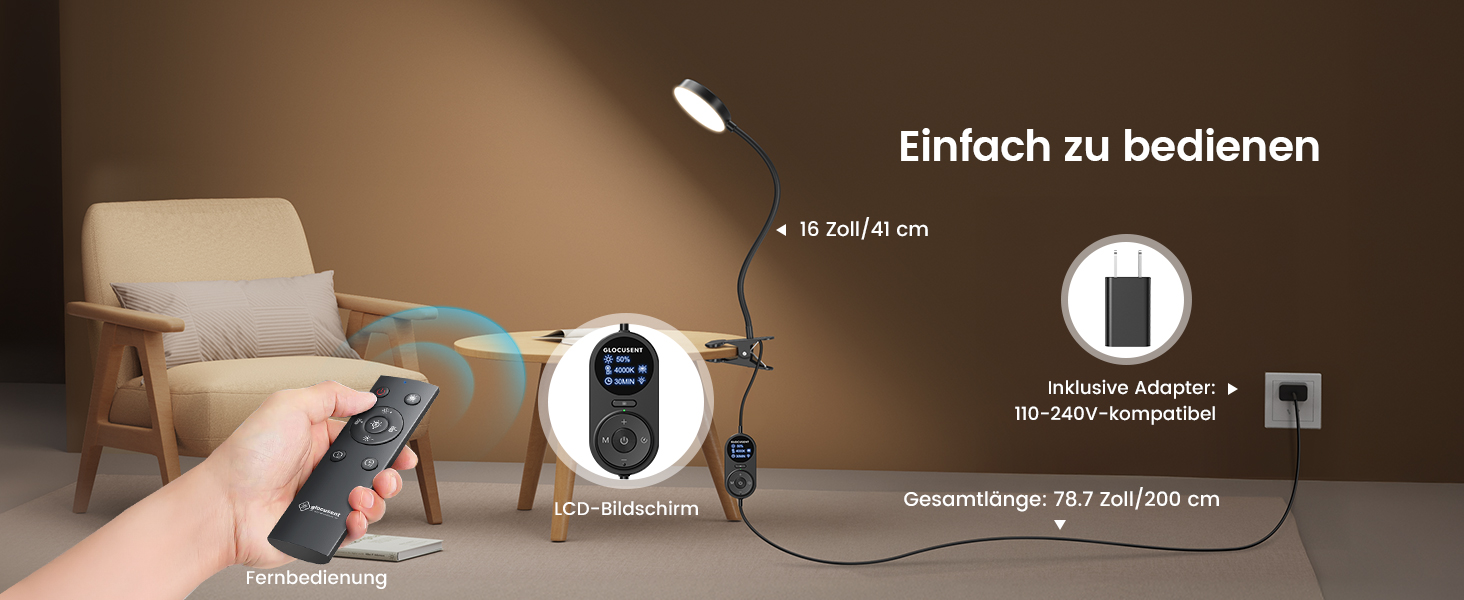 Світлодіодна приліжкова лампа Glocusent з кліпсою, 72 LED, 3 кольори світла, 5 рівнів яскравості, нічник, таймер, захист очей, для читання, роботи (чорна з пультом)