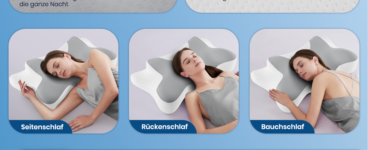 Подушка для шиї DONAMA з піни Memory Foam: ергономічна, з підлокітниками, охолоджуюча, 6 зон підтримки, для сну в будь-якій позі (сіро-біла, 66x37x13 см)