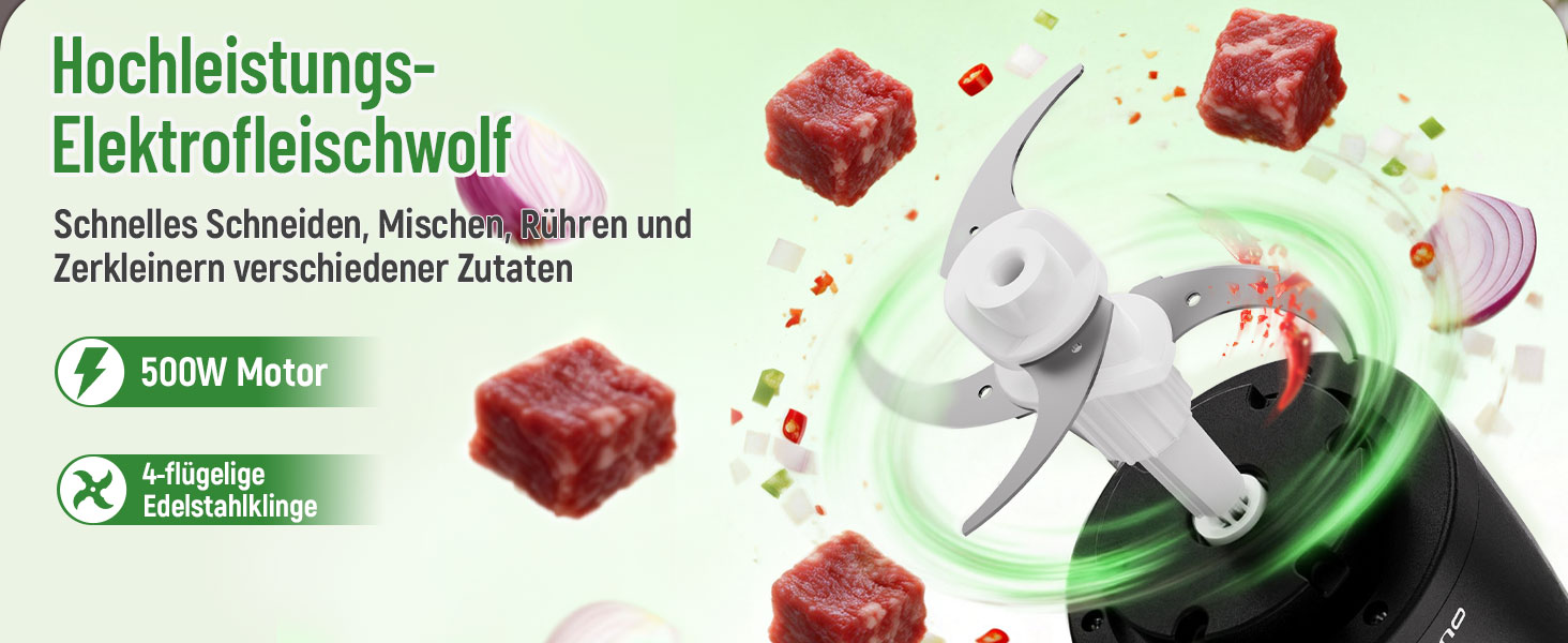 Електричний подрібнювач OUSFOT Multizerkleinerer, 1.8L, 500W, з скляною чашею. Підходить для овочів, фруктів, м'яса. Чорний.