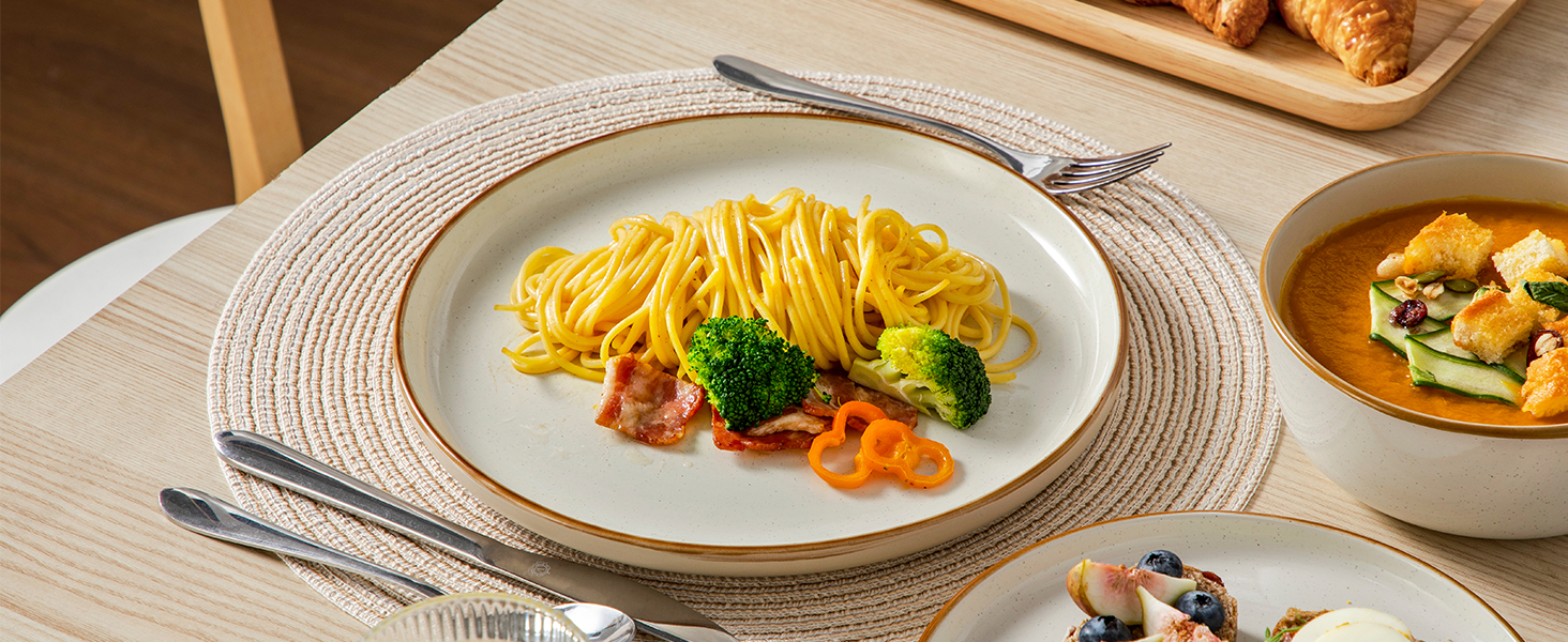 Набір посуду на 6 осіб Vancasso RENO 24 шт. з каменю, сучасний сервіз: тарілки для їжі, супу, десерту, миски. Підходить для миття в посудомийній машині та використання в мікрохвильовій печі. (Бежевий, 36 шт.)