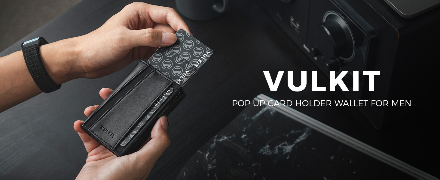 Мінімалістичний чоловічий гаманець VULKIT з Pop-Up механізмом, металевий картхолдер з RFID-захистом, відділенням для монет та слотом для ключів, чорний