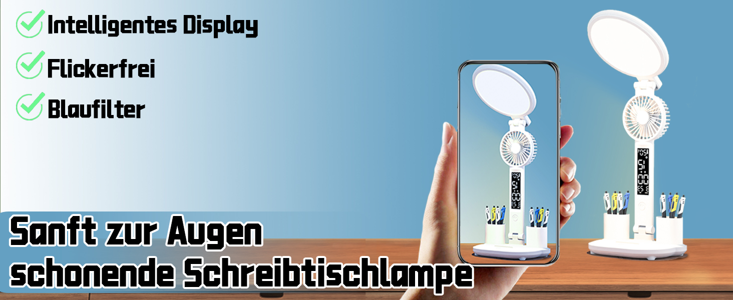 LED-лампа настільна з вентилятором для дітей WLHONG з годинником, тримачем для ручок, календарем та датчиком температури, 3 режими температури кольору, кругла