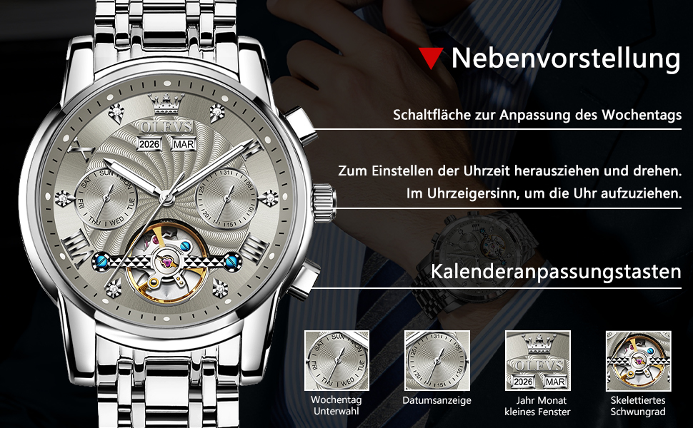 Чоловічий механічний годинник OLEVS 7088 з автопідзаводом, турбійоном та календарем, водонепроникний, сріблясто-сірий