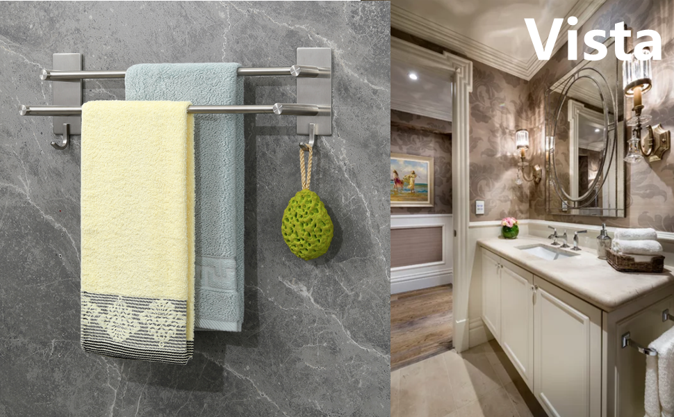 Тримач для рушників Vista без свердління, подвійний, 43.5 см, нержавіюча сталь, для ванної кімнати та кухні, самоклеючий