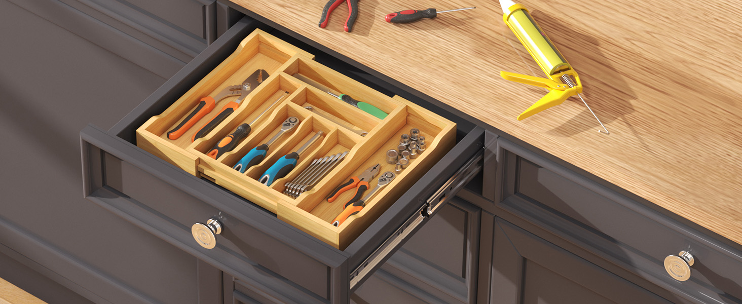 Органайзер для столових приборів Lifewit в шухляду, бамбуковий, 33x25-42x47 см, висувний лоток для ложок, виделок, ножів