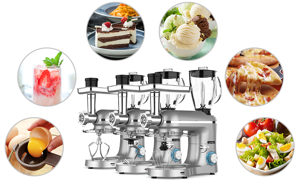 Homlee 3-in-1 Kitchen Machine - 1800W Food Processor with Meat Grinder, Juicer & 5.5L Stainless Steel Bowl - 6 Speed Mixer
