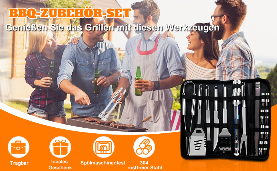 Набір аксесуарів для гриля з нержавіючої сталі, 28 предметів. Ідеальний для відпочинку на природі, кемпінгу та як подарунок на День батька, День народження або Різдво. З кейсом для зберігання.