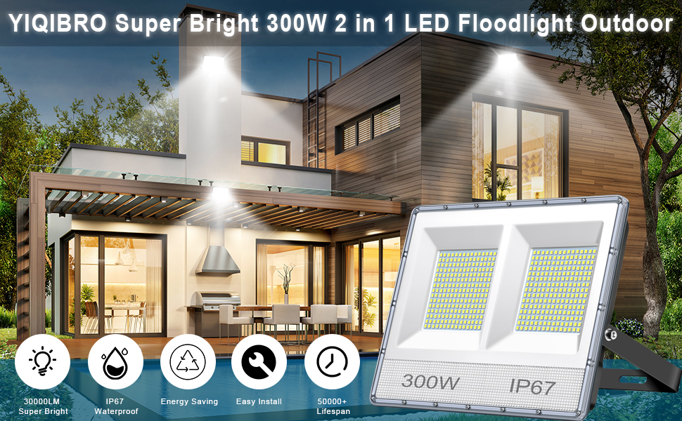LED прожектор для вулиці YIQIBRO 50 Вт, 2 шт., 5000 Лм, 7000K, IP67, холодне світло для саду, гаража, тераси