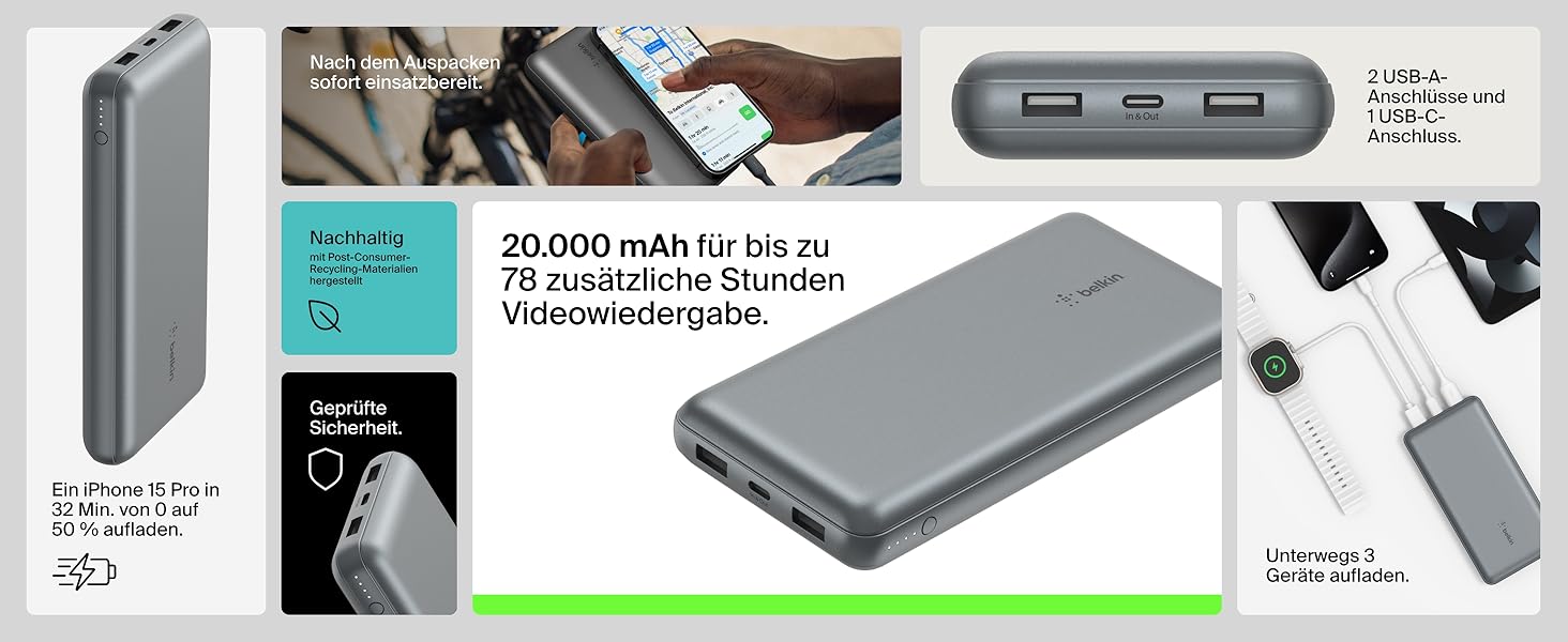 Powerbank Belkin 20000mAh з USB-C та USB-A, 20K, сірий, для iPhone, Galaxy, Pixel, iPad, AirPods