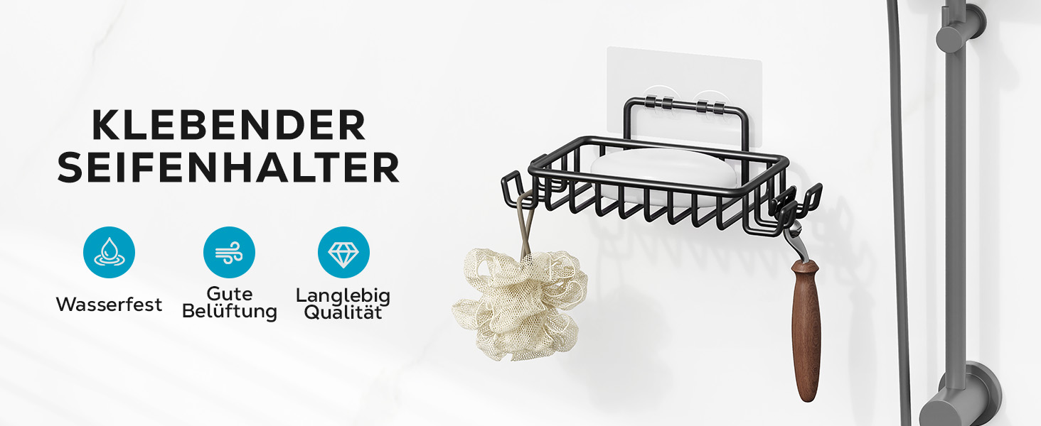 Тримач для мила з нержавіючої сталі з 4 гачками та зливом, самоклеючий, для душу та ванної кімнати (Чорний)