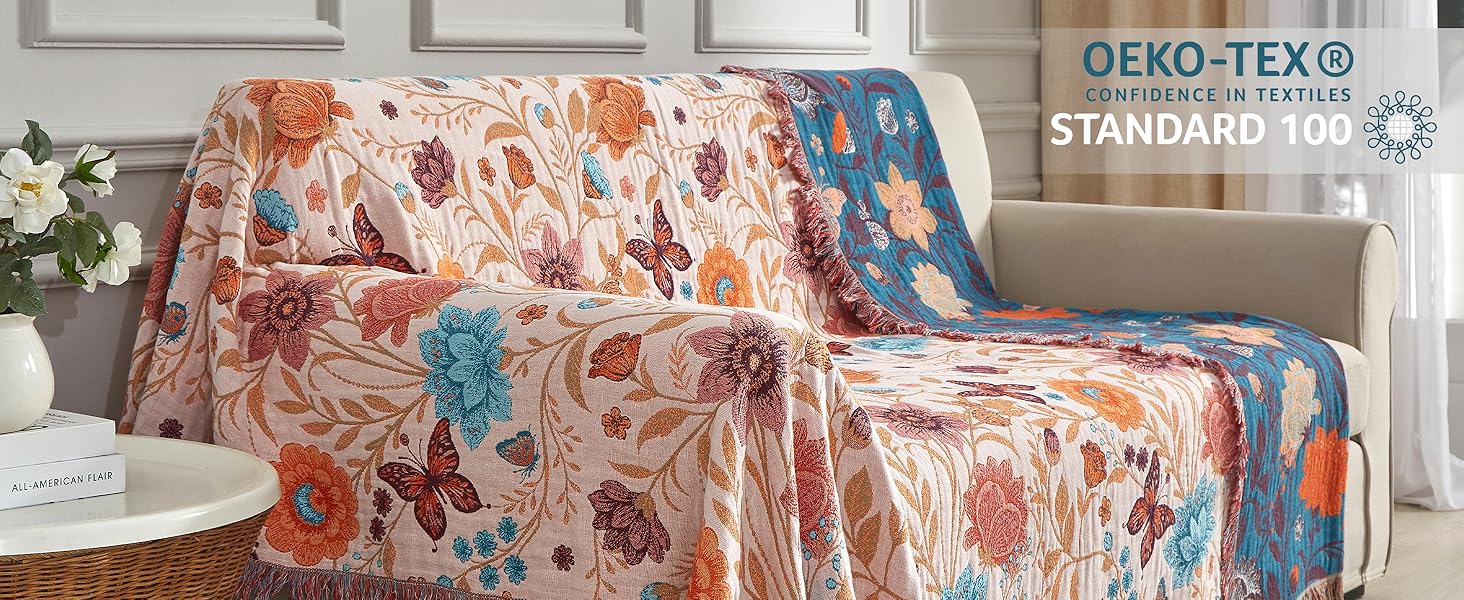 Богемна ковдра Boho з 100% бавовни, м'яка двостороння муслінова ковдра 150x200 см, плед для дивану та ліжка, декоративна patchwork ковдра, літня ковдра для вітальні, зелено-бежева (200 x 230 см, Blumentanz)