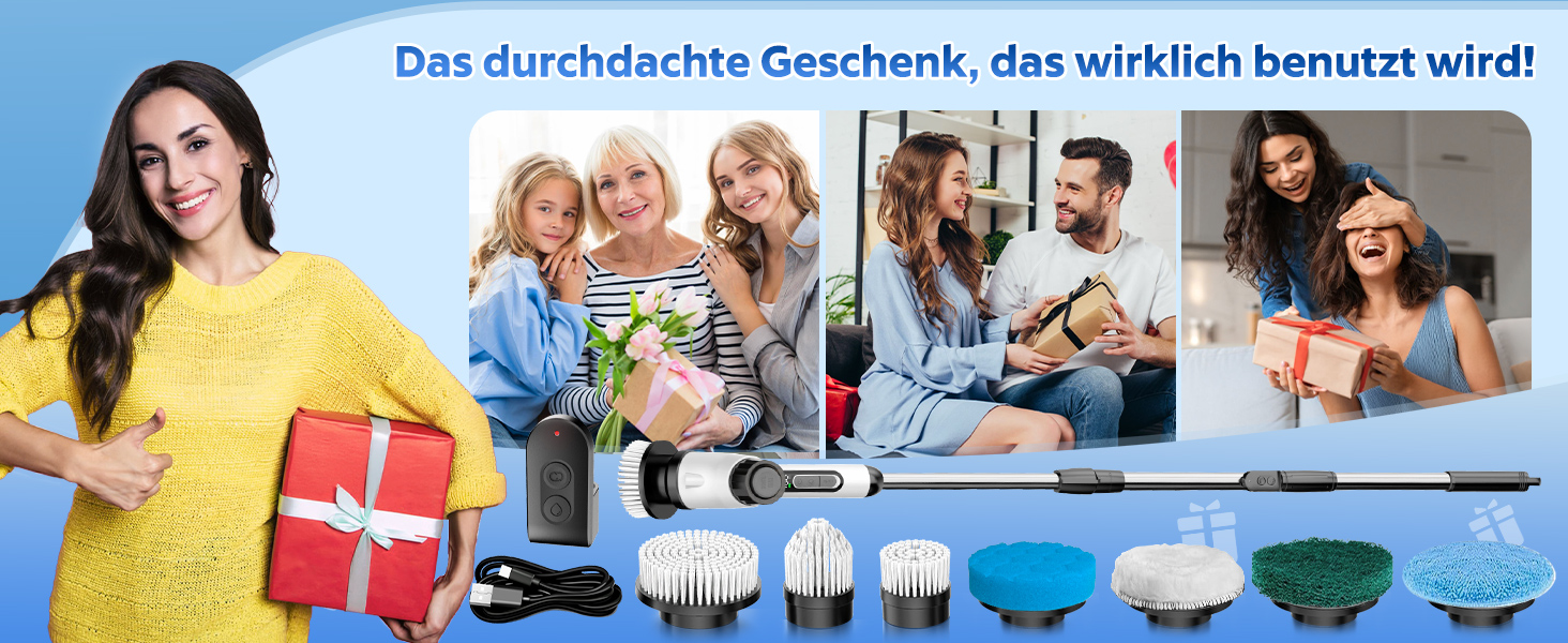 Електрична щітка для прибирання з акумулятором 3000mAh, 7 насадок, регульована ручка, IPX7 водонепроникність, 2 швидкості, для ванної кімнати та плитки, кремово-білий колір (Коричнева Хмара)