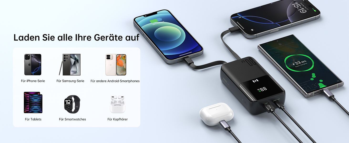 Power Bank Selore&S 20000mAh 30W з USB-C, LED дисплеєм та 4 виходами. Чорний. Сумісний з iPhone, MacBook, iPad, Samsung Galaxy