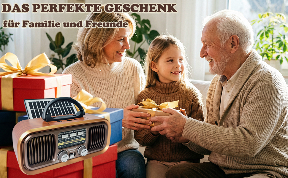 Ретро Радіо Klein з Bluetooth, AM/FM/SW радіо, портативне, з сонячною панеллю, USB/TF картка, подвійний динамік, коричневе