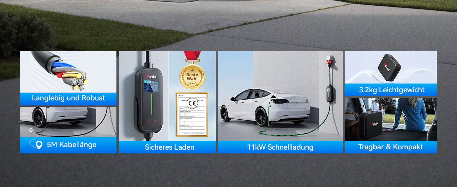 Raylix 2026 Neu 11kW Wallbox мобільна Type 2 з кабелем (8A-16A, 3 фази) + лічильник, регулювання струму, відкладений старт + кабель CEE 16A - Type 2, 5м