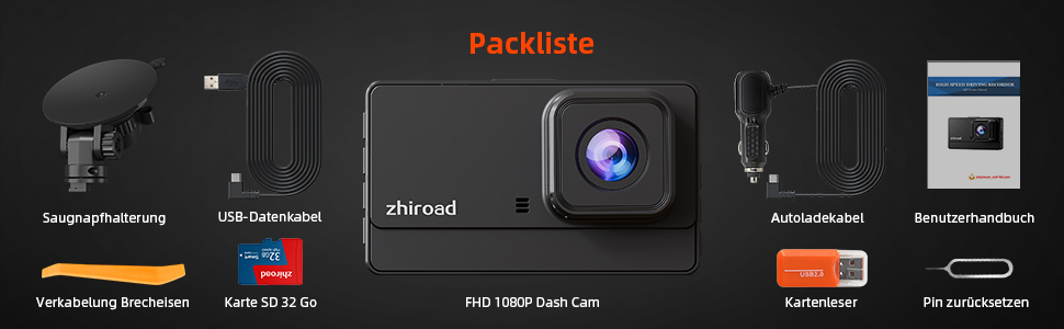 Відеореєстратор у машину Dashcam Auto з 32GB SD-картою, 1080P FHD, Нічне бачення, Широкий кут 176°, IPS-дисплей 3 дюйми, G-сенсор, Loop-запис, Виявлення руху та Паркувальний режим