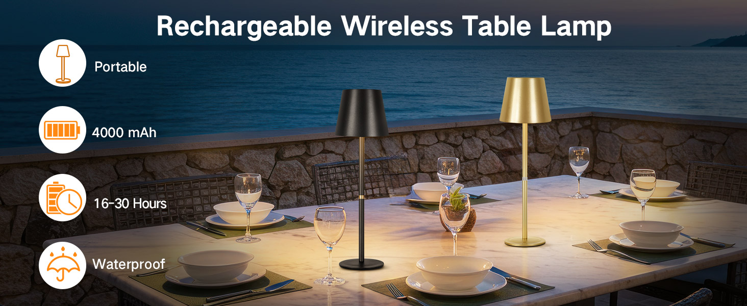 OUTON LED Настільна лампа 2 шт. Бездротова з зарядкою, сенсорне керування, 3 режими, IP54, 30 годин роботи, для дому та відпочинку, чорна