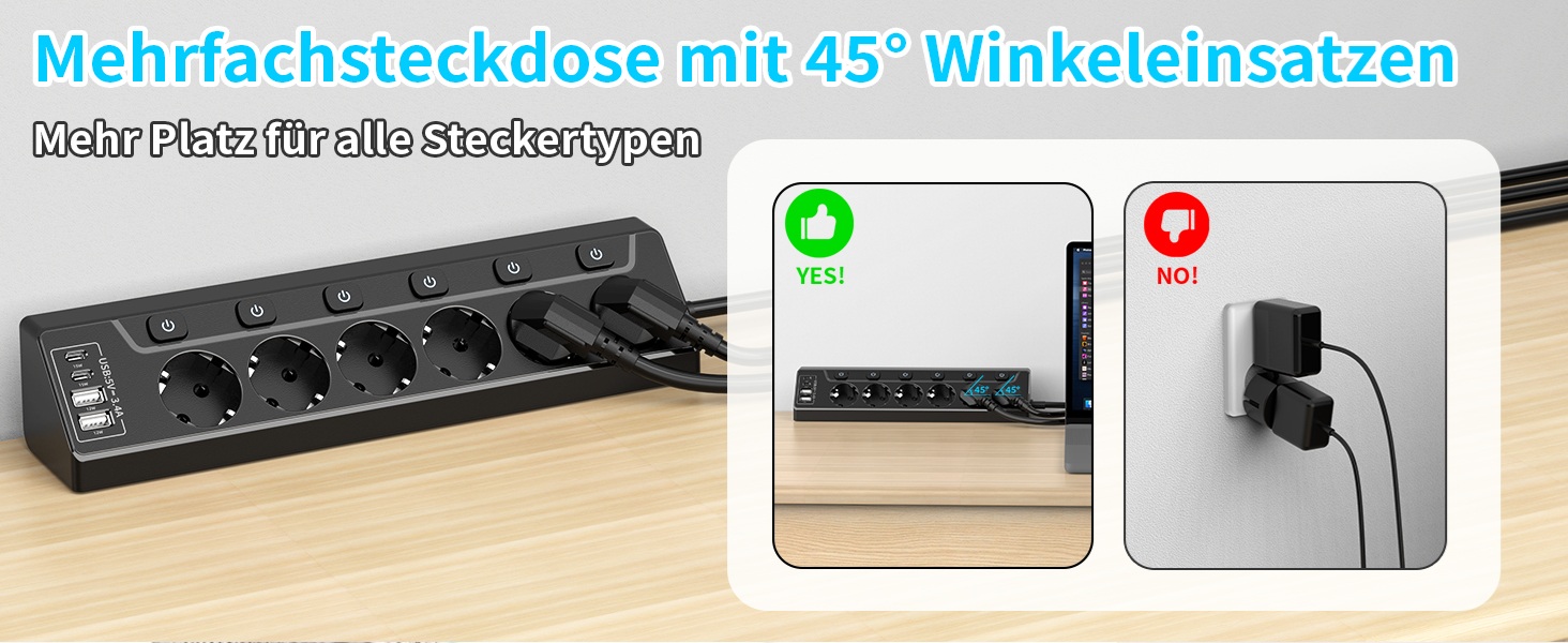 Мережевий фільтр з USB-C, 6 розеток, кабель 2м (4000W, 16A), розподільний блок для кухні/офісу, чорний