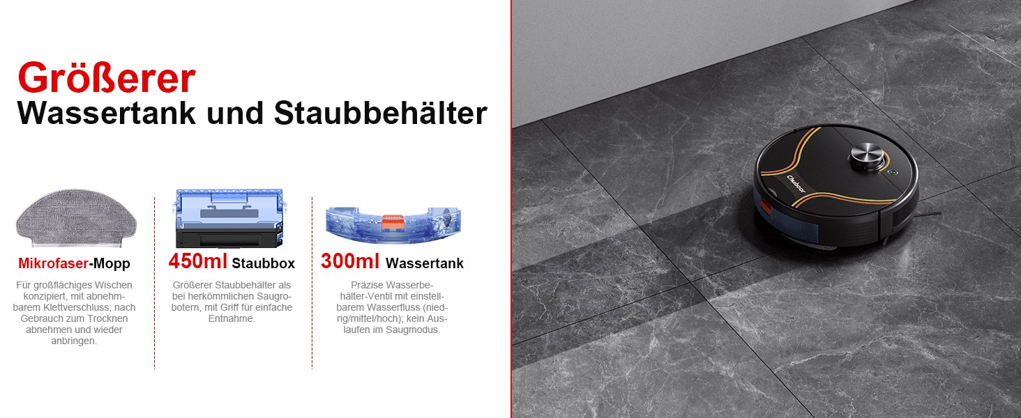 Робот-пилосос Chuboor з функцією миття 3 в 1, 6500Pa, LiDAR навігація, керування через додаток/WiFi/Alexa, автозарядка, 150 хв роботи, для шерсті тварин, килимів та твердих підлог, чорний